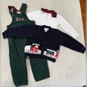Kitestrings by Hartstrings Holiday Train Knit Cardigan & Green Corduroy Overalls